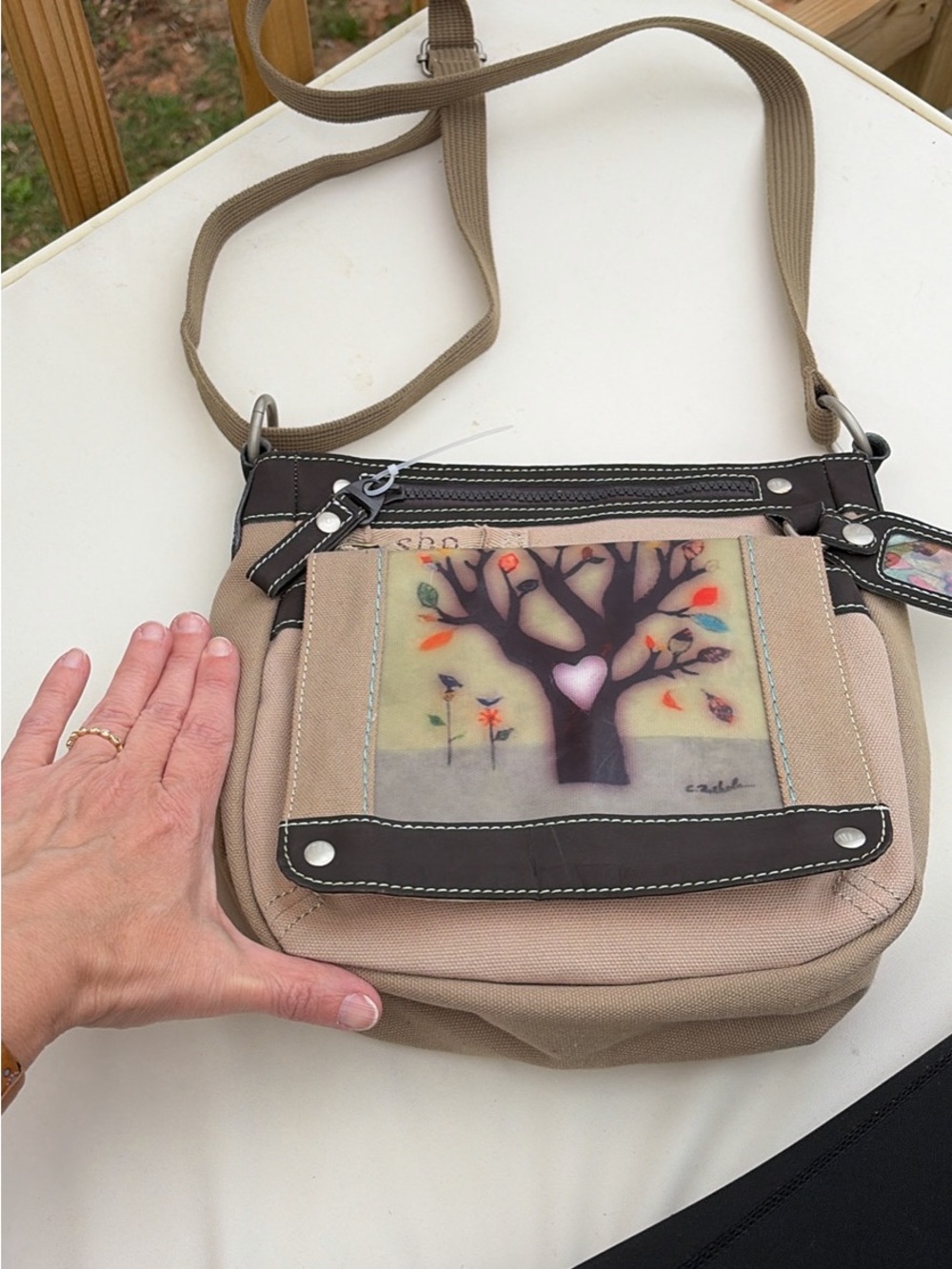 SHE 4 U Tree of Life Canvas Crossbody Bag - Beige